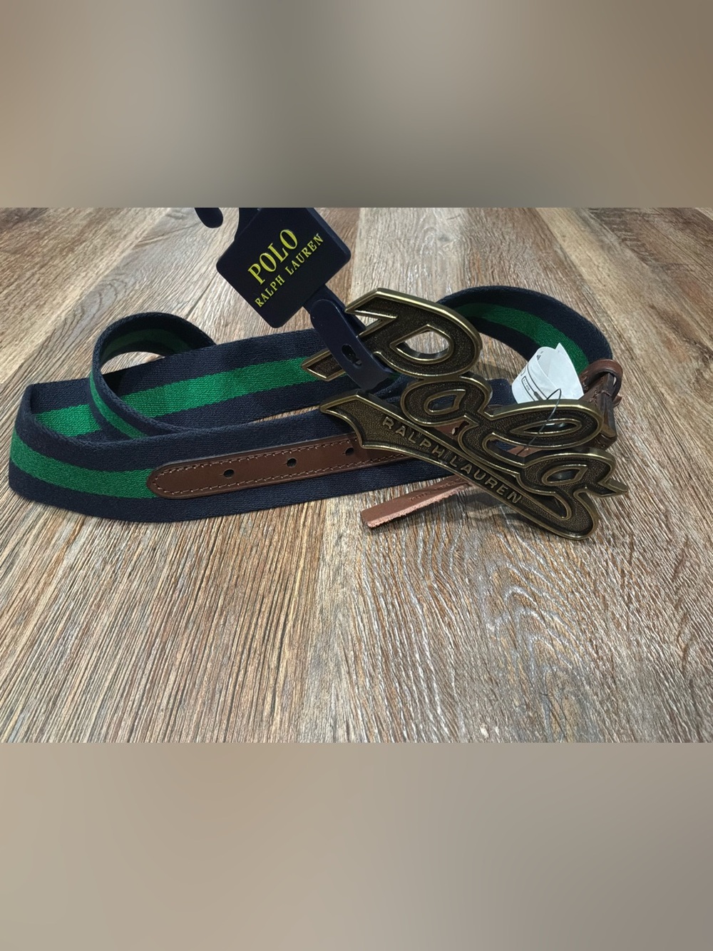 New POLO RALPH LAUREN Big Buckle Belt Spellout Logo Green/Blue Stripe Size 34